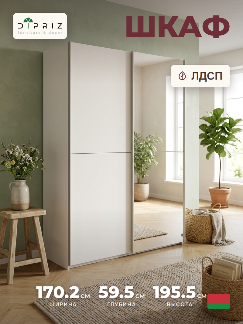 Шкаф купе 170х60х196, Муро, для одежды, с зеркалом, с раздвижной системой Hettich TopLine L, белый, Dipriz