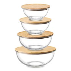 Набор из 4-х стеклянных мисок Eco Store с крышками из бамбука