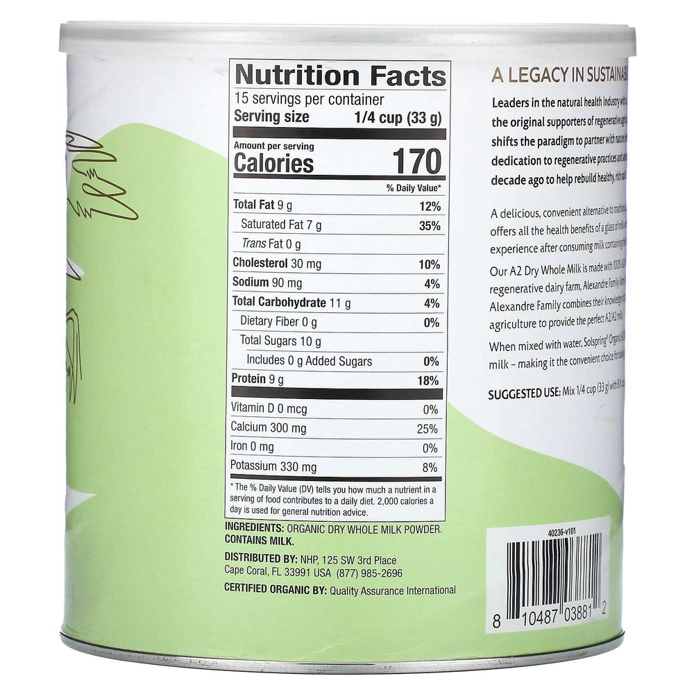 Dr. Mercola, Solspring®, органическое сухое цельное молоко А2, 495 г (17,4 унции)