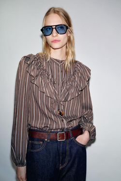 ZARA РУБАШКА В ПОЛОСКУ С ВОЛАНАМИ, КОРИЧНЕВО-СИНИЙ