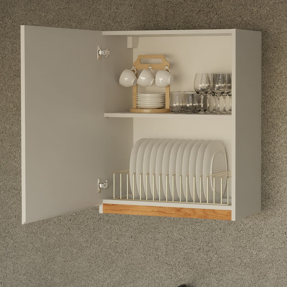 Навесной кухонный шкаф для посуды 60х32х75 Валенсия с дубовой панелью / кухонный модуль с дверцей и полкой / белый, дуб