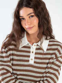 Свитшот-поло вязанный в полоску (Коричневый)