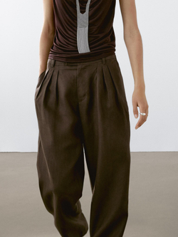 Massimo Dutti Брюки из 100% льна с тремя защипами, шоколадный