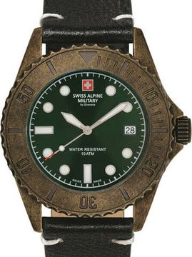 С ремешком Мужские наручные часы с черным кожаным ремешком  Swiss Alpine Military 7051.1583 diver vintage 41mm 10ATM