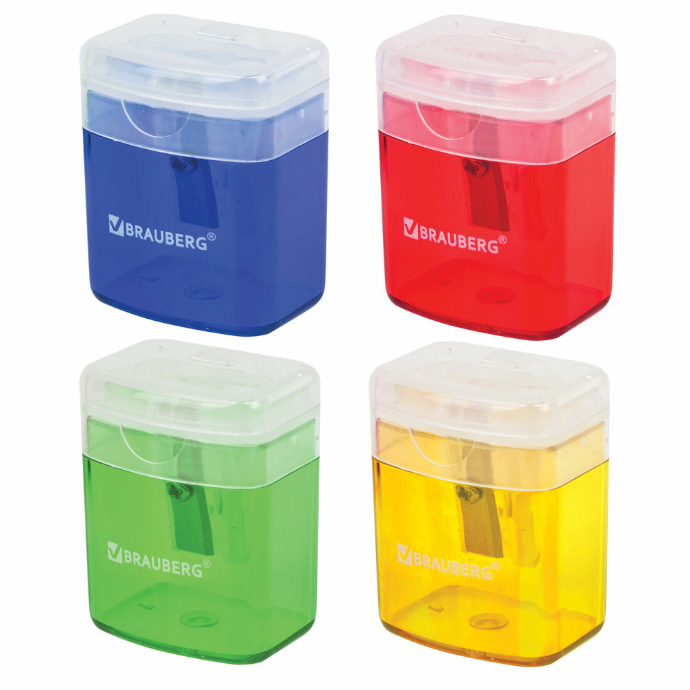 Точилка BRAUBERG "OfficeBox" с контейнером и крышкой прямоугольная в упаковке с подвесом ассорти (72 штуки в упаковке)