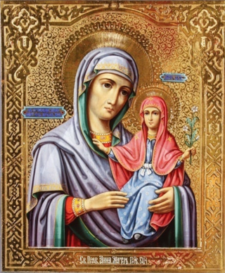 Анна праведная мать Пресвятой Богородицы с Девой Марией на руках. Деревянная икона на левкасе