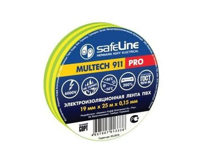 Safeline изолента ПВХ 19/25 желто-зеленая, 150мкм, 9375