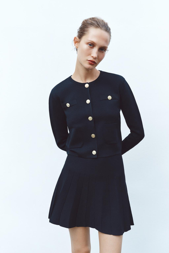 ZARA ТРИКОТАЖНАЯ МИНИ-ЮБКА В СКЛАДКУ, МОРСКОЙ СИНИЙ