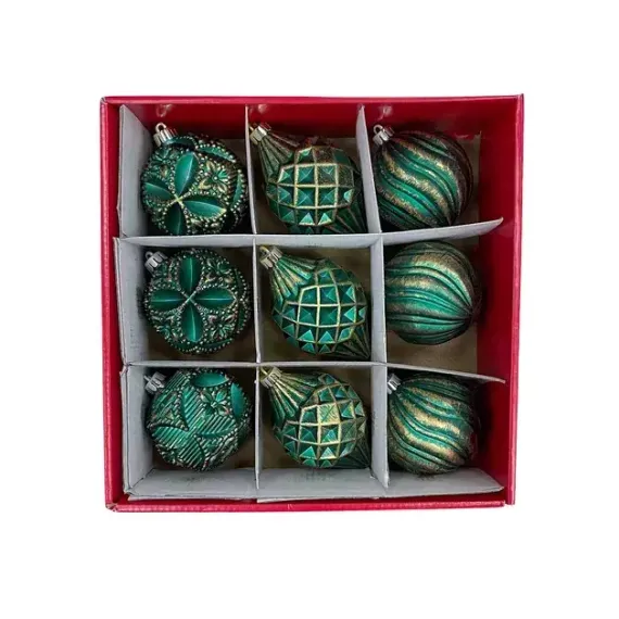Набор пластиковых шаров Рандеву 80 мм., 9 шт., зеленый с золотом, Christmas DeLuxe (87801)