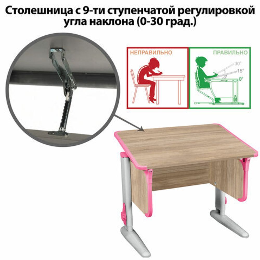 Стол-парта регулируемый "ДЭМИ" СУТ.41, 750х550х530-815 мм, серый каркас, пластик розовый, дуб сонома (КОМПЛЕКТ)