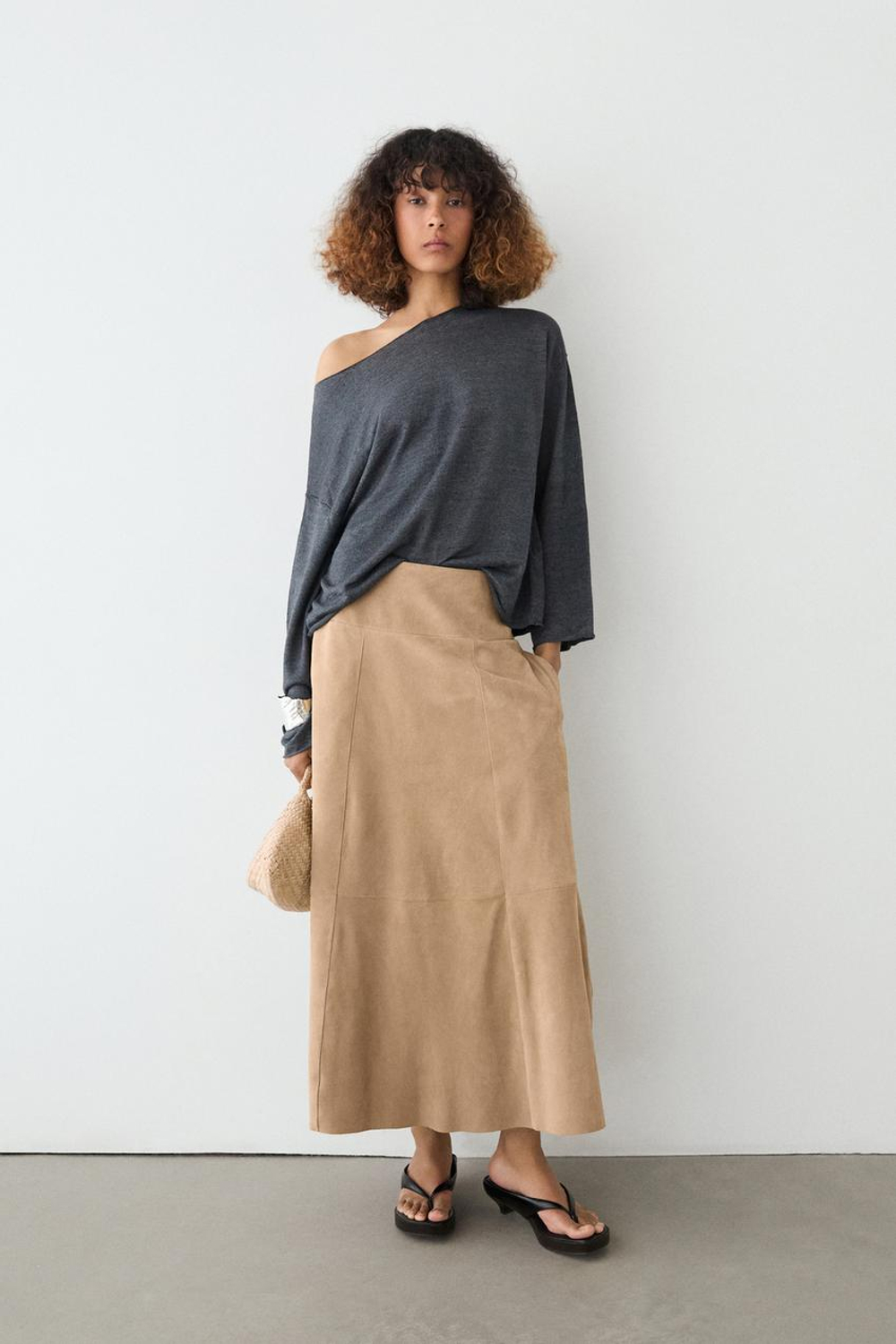 Massimo Dutti Юбка с поясом из замшевой кожи, песочный