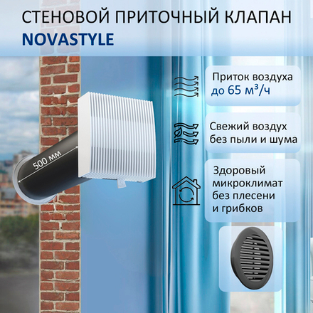 Приточный клапан шумозащитный NovaSTYLE КИВ-125 с квадратным оголовком, с трубой 0,5 м, решеткой RAL7024, серой