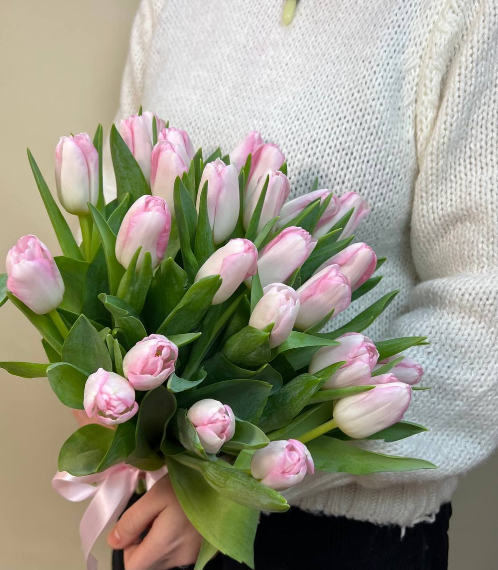 Букет розовых тюльпанов 25 шт, под лентой