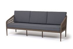 "Канны" диван 3-местный плетеный из роупа, каркас алюминий коричневый (RAL8016) муар, роуп коричневый круглый, ткань темно-серая 027