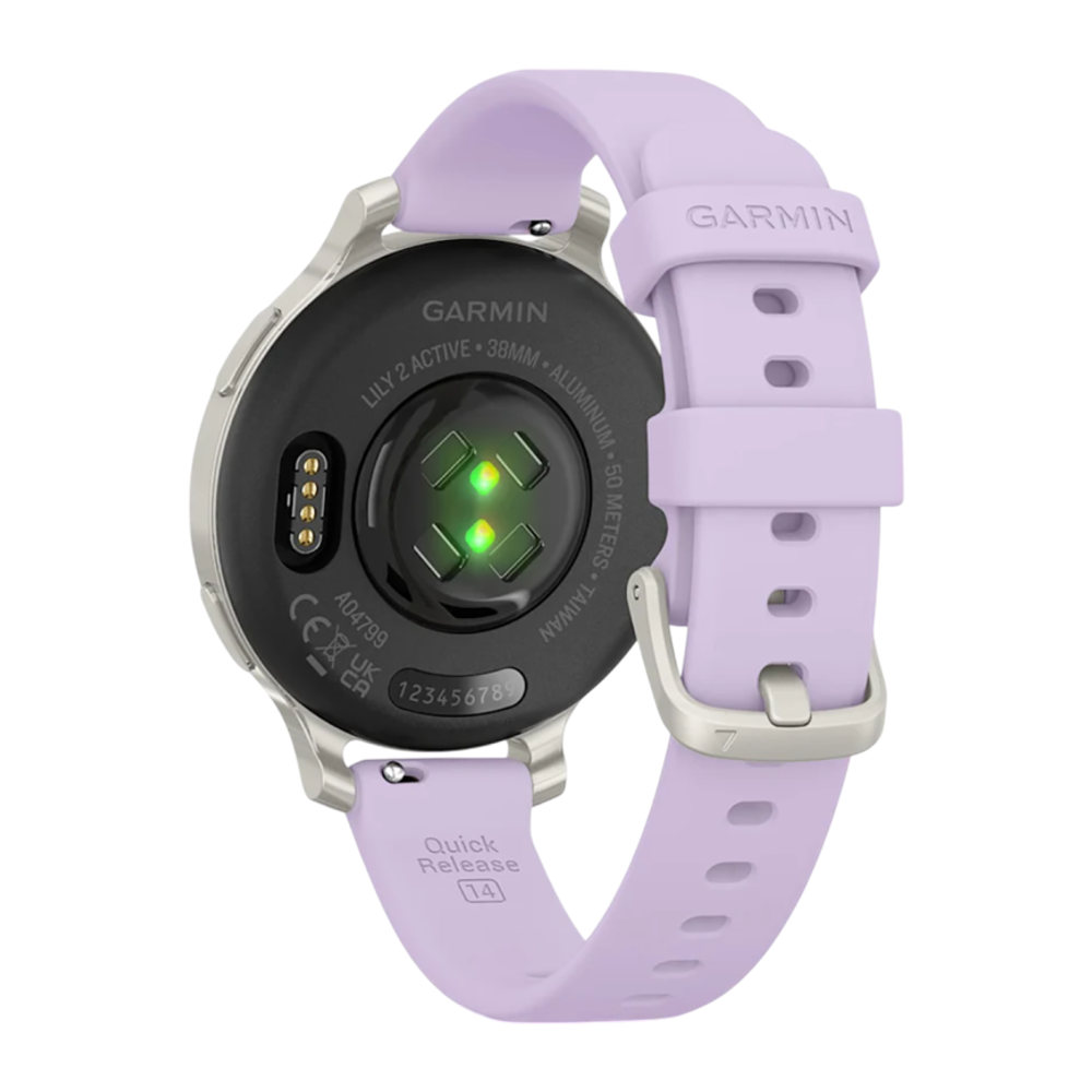 Спортивные часы Garmin Lily 2 Active, силиконовый ремешок цвета «фиолетовый жасмин» Серебристый безель из алюминия, стекло Gorilla Glass. Ремешок с классической застёжкой — на запястье обхватом 110–175 мм
