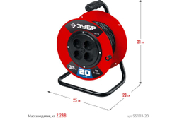 Силовой удлинитель на катушке ЗУБР ПВС 215 ПВС 2x1.5 20м 3500Вт 55103-20