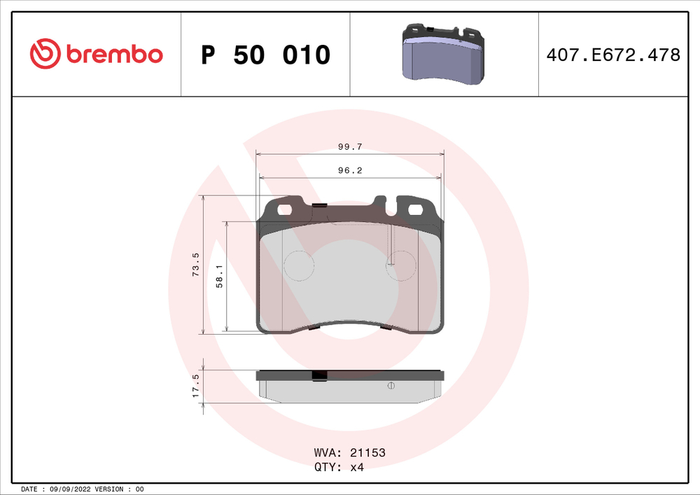 BREMBO - P50010-BRB - Brake Pad Set, disc brake