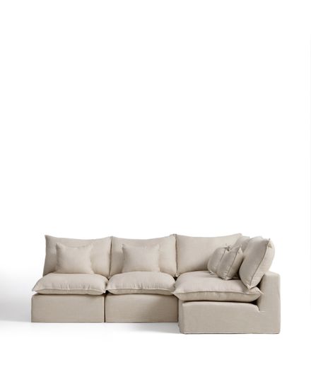 Угловой модульный диван Anarela на 4 места со съемными чехлами из бежевого льна и вискозы, 287 x 197