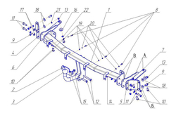 Фаркоп для Volkswagen Caddy 2004-2021 Тип шара: A. Нагрузки: 1250/75 кг, VW 21