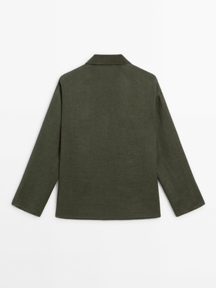 Massimo Dutti рубашка из 100% льна с карманами, темно-зеленый
