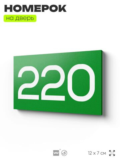 Номер на дверь 220, табличка на дверь для офиса, квартиры, кабинета, аудитории, склада, зеленая 120х70 мм, Айдентика Технолоджи