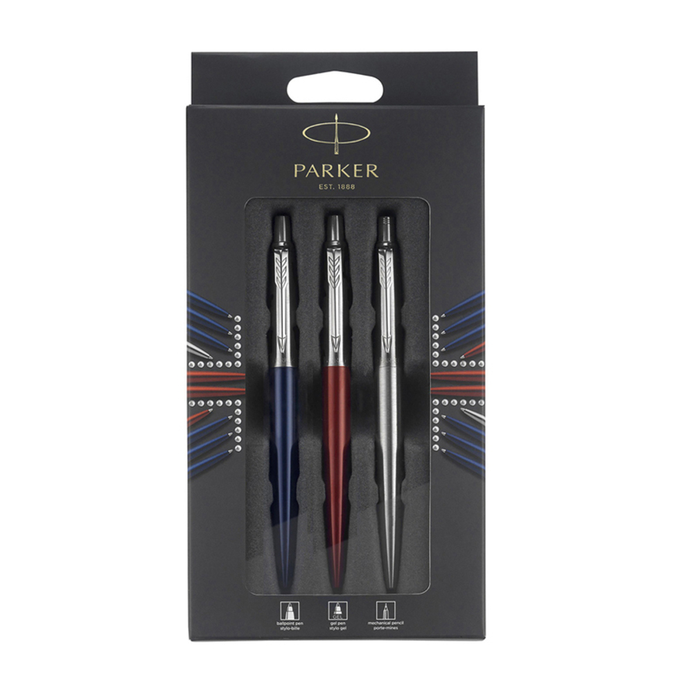 Подарочный набор Parker Jotter London Trio: гелевая ручка Red CT, шариковая ручка Blue CT, карандаш Stainless Steel CT и Ежедневник датир.триколор