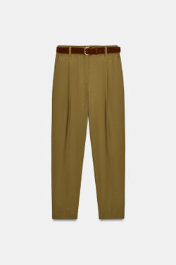 ZARA БРЮКИ С ЗАЩИПАМИ И РЕМНЕМ, ХАКИ