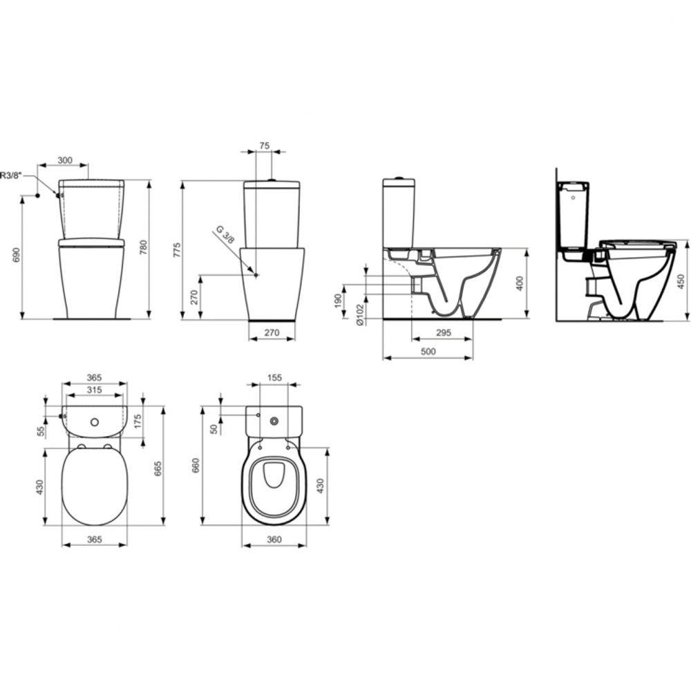 Напольный пристенный унитаз Ideal Standard CONNECT E803701 с бачком CUBE E797001