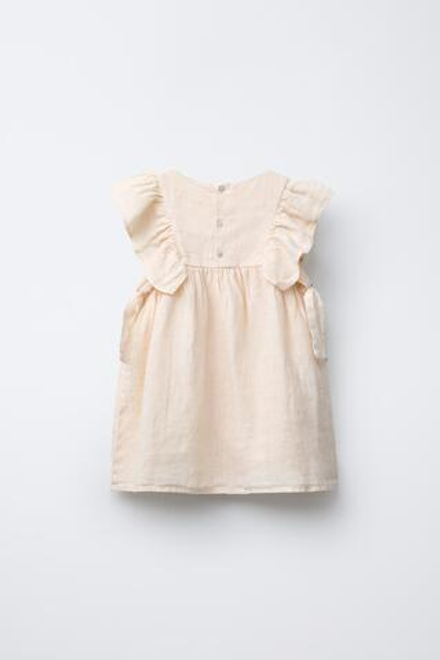 ZARA ЛЬНЯНОЕ ПЛАТЬЕ С ЦВЕТОЧНОЙ ДЕТАЛЬЮ, ЭКРЮ