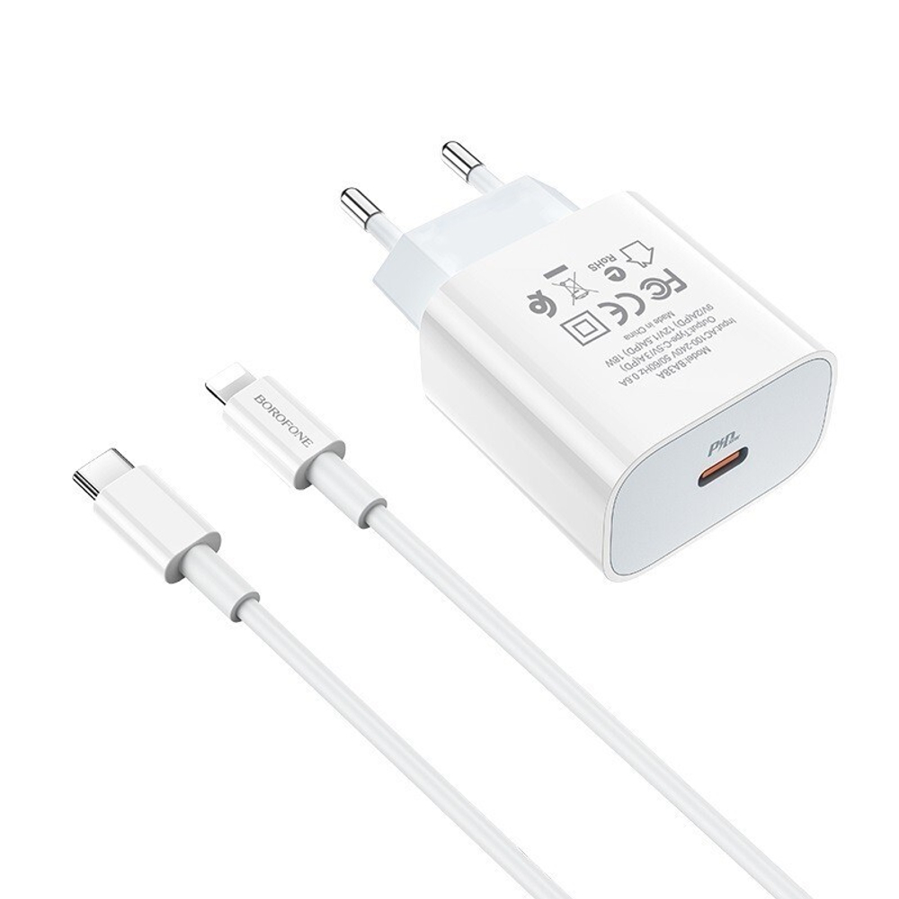 Сетевой адаптер питания BOROFONE BA38A PD3.0 + кабель Type-C - Lightning (белый)