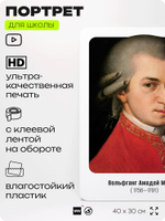 Портрет для школы в кабинет музыки "Вольфганг Амадей Моцарт", стенд школьный для класса, деятели науки для оформления классного уголка, 40х30 см, Silver Plane x Айдентика Технолоджи