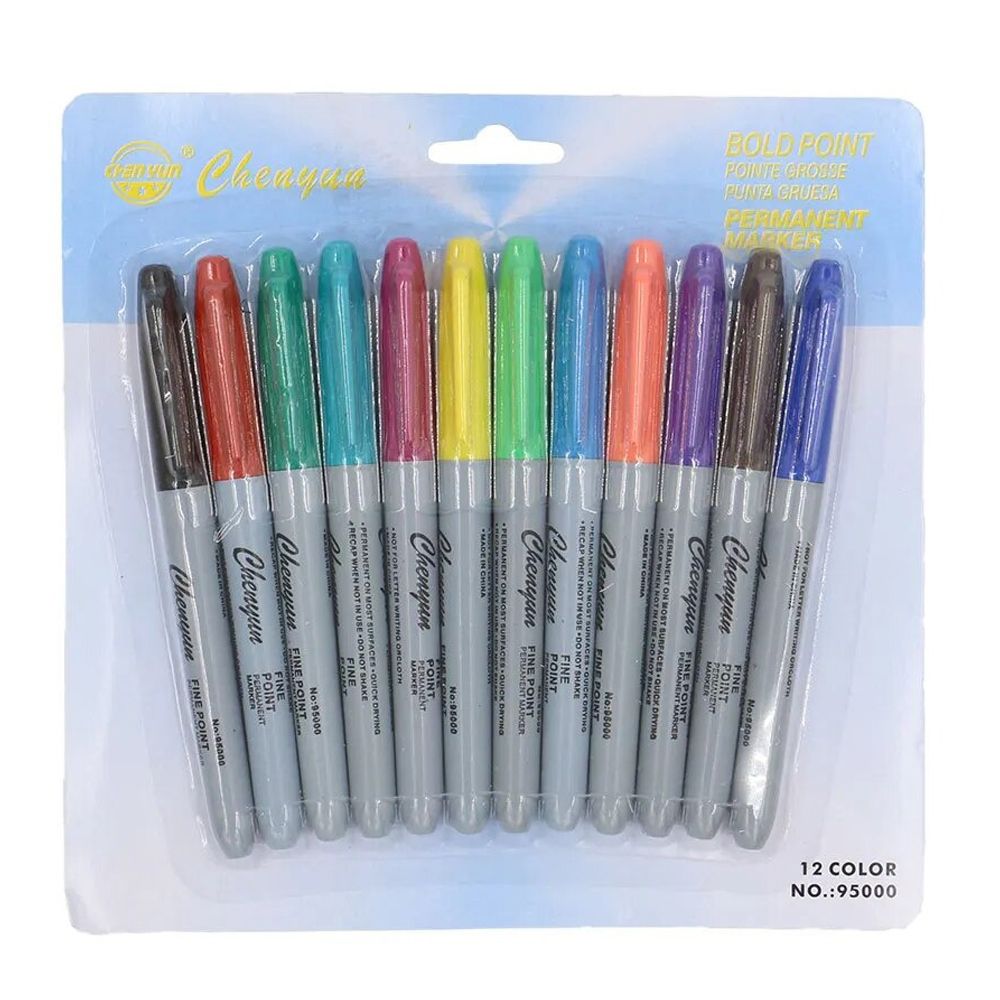 Маркер перманентный Basir, 12 мм, пулевидный наконечник 2 мм, 12 шт, разноцветные