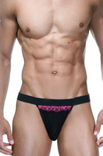 Черные трусы-танга с розовой рюшей