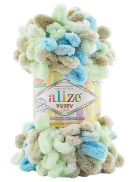Пуффи колор (Puffy color) пряжа Alize 100%микрополиэстер 5х100г/9 м (8015 бежевый-св.салат-голубой)