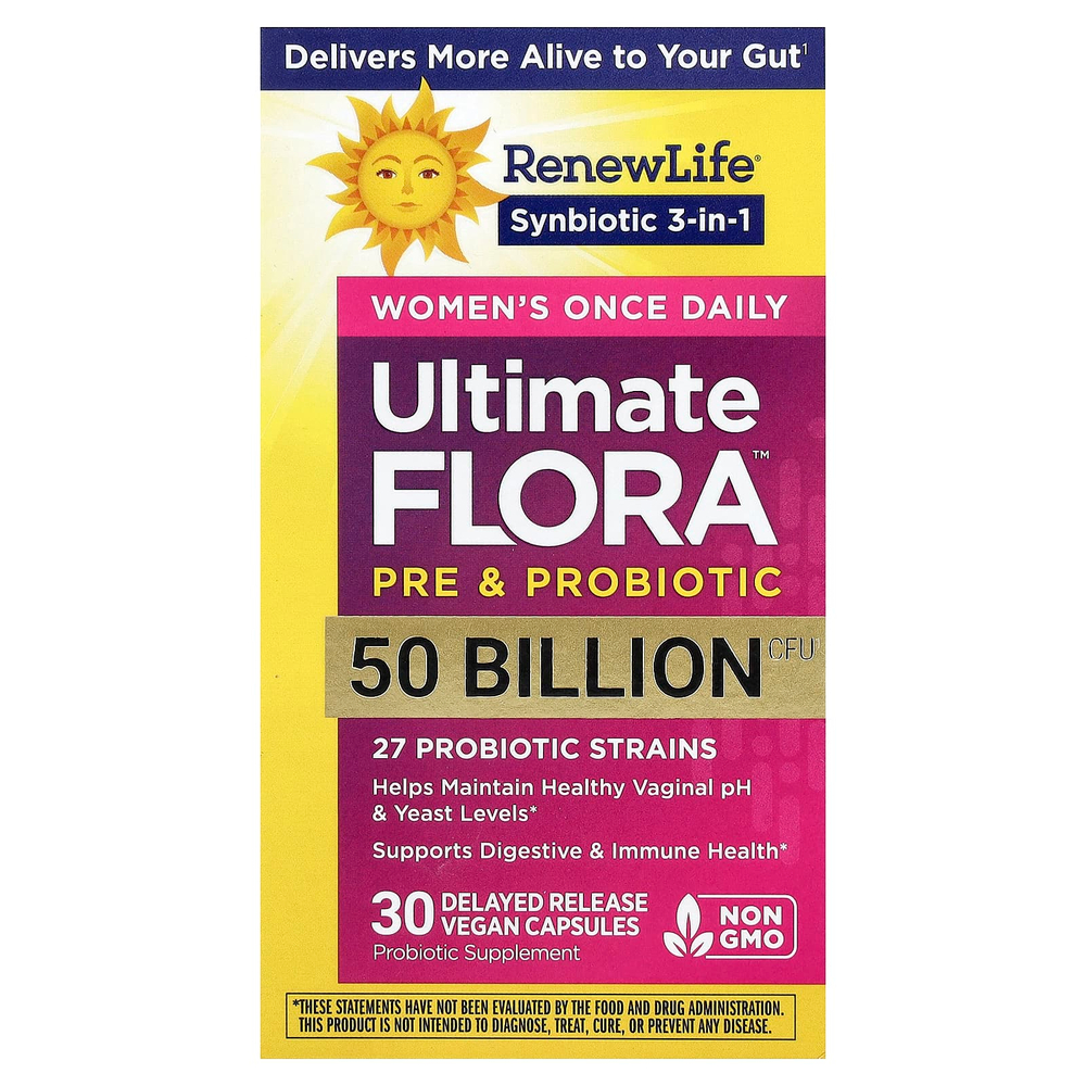 Renew Life, Ultimate Flora™, пробиотик, 50 млрд КОЕ, 30 веганских капсул с отсроченным высвобождением