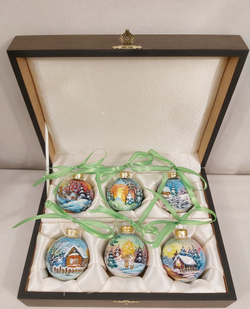 Набор елочных шаров  с ручной росписью Палех  "Зимняя деревенька"