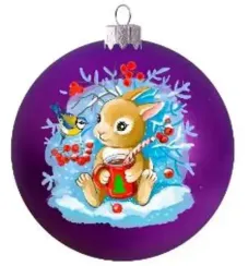 Стеклянный шар Крольчонок с синичкой 80 мм., в подарочной упаковке, Коломеев (КУ-80-224059)