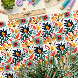 Ткань кулирная гладь яркие цветы из советского мультика