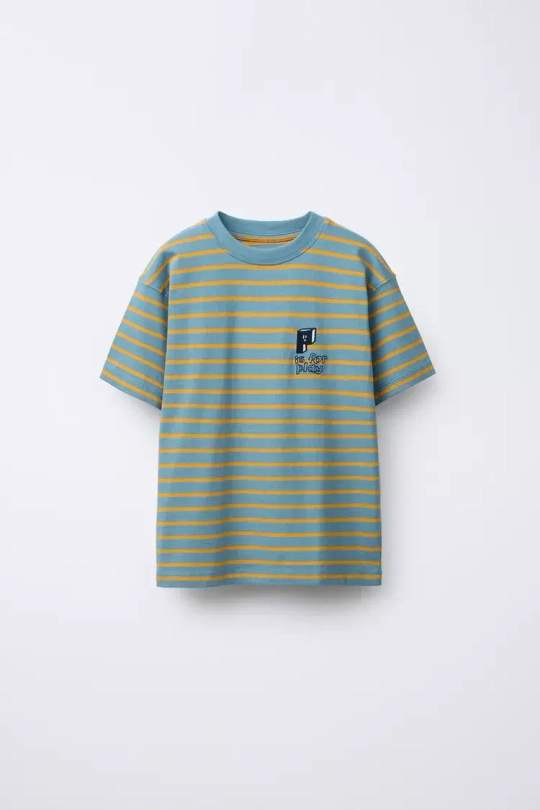 ZARA ФУТБОЛКА В ПОЛОСКУ С ВЫШИВКОЙ, СИНИЙ