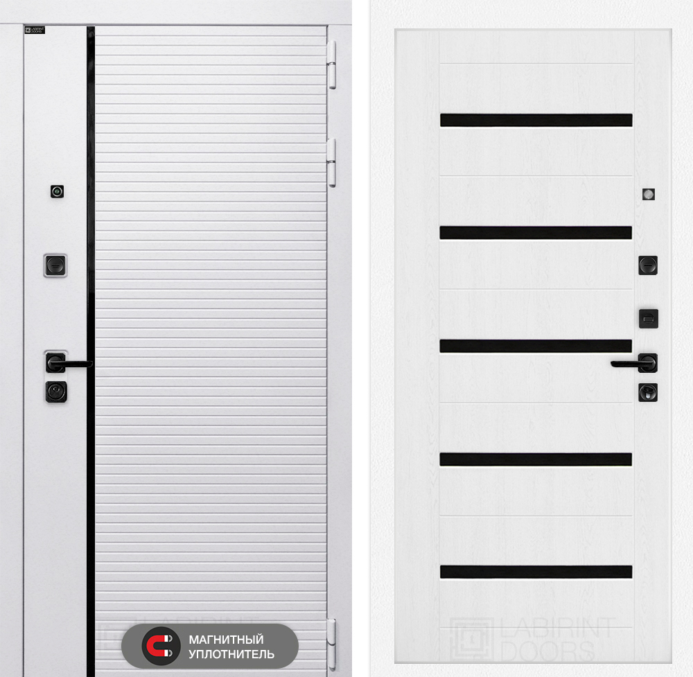 Дверь входная Лабиринт ROYAL 01 Белое дерево, стекло черное металлическая