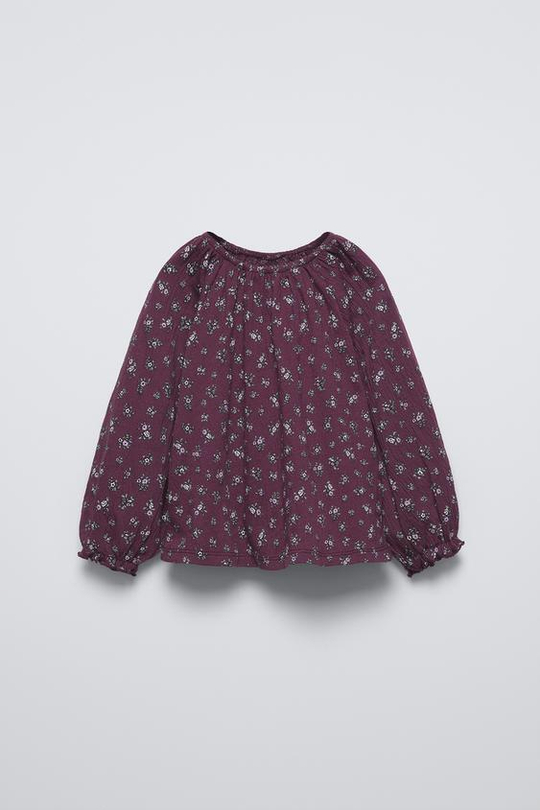 ZARA БЛУЗА ИЗ РЕЛЬЕФНОЙ ТКАНИ С ЦВЕТОЧНЫМ ПРИНТОМ, ЦВЕТ БУРГУНДСКОГО ВИНА