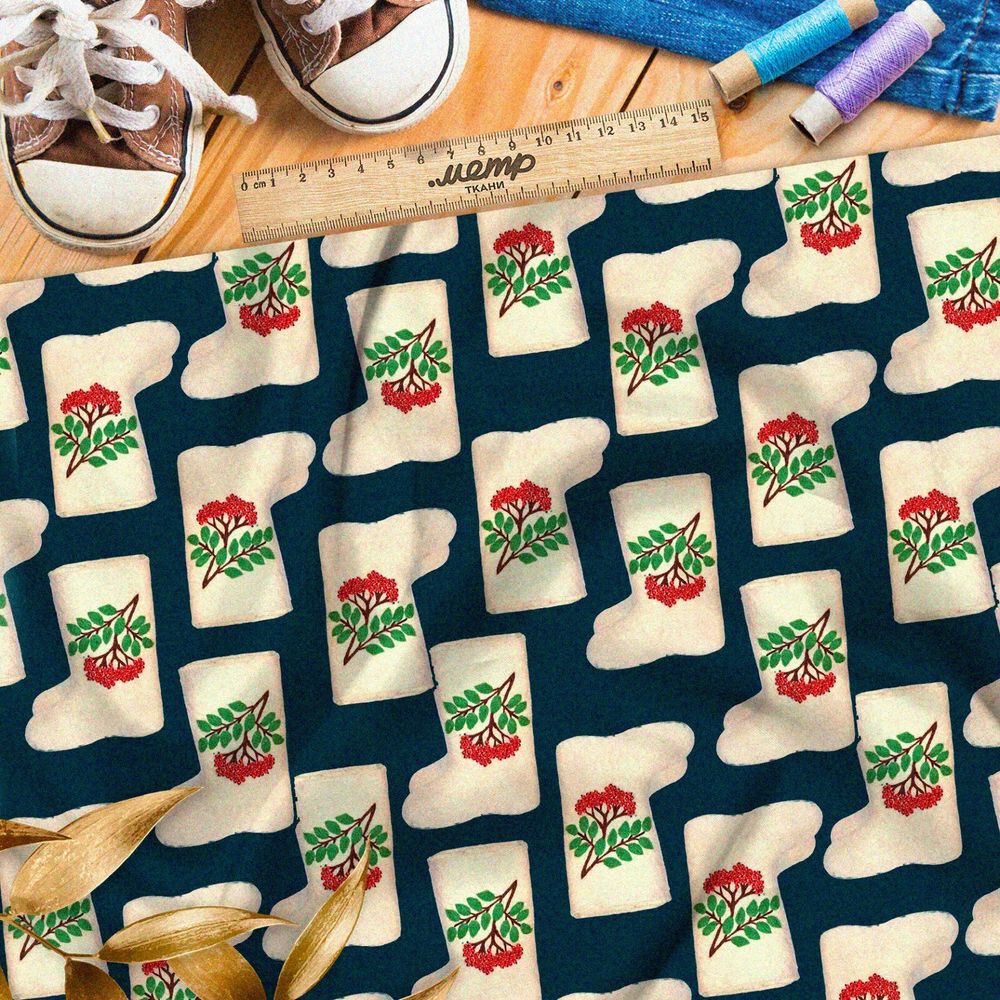 Ткань шелк Армани белые валенки с изображением рябины