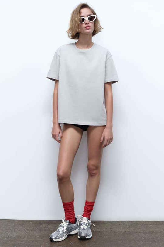 ZARA ФУТБОЛКА ИЗ ХЛОПКА HEAVY WEIGHT, ЖЕМЧУЖНО-СЕРЫЙ