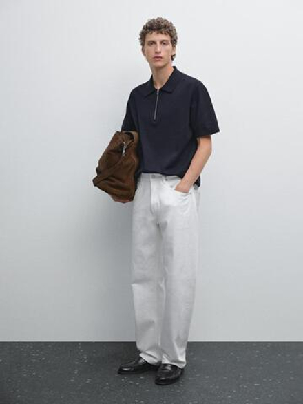 Massimo Dutti Поло с короткими рукавами из рельефной ткани, темно-синий