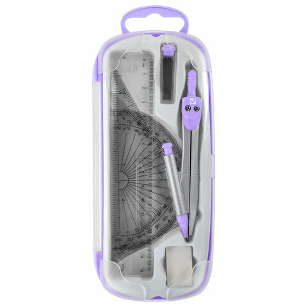 Готовальня BRAUBERG SCHOOL KIT, 9 предметов, циркуль 125 мм, чертежные принадлежности, лавандовый цвет, 210713
