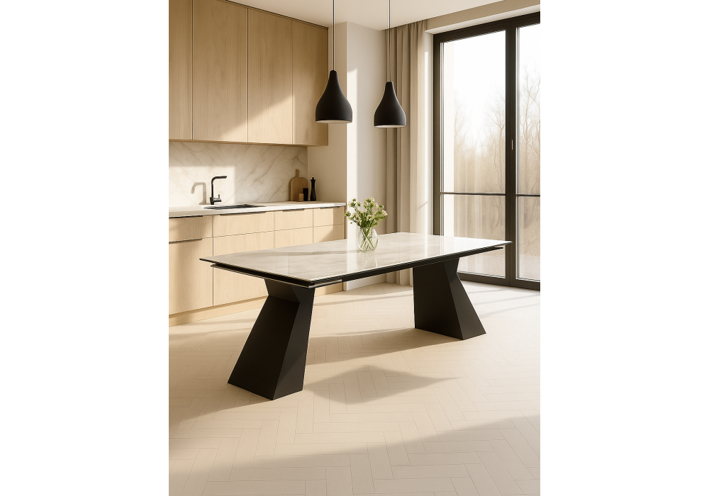 Керамический стол Woodville Денхольм 240(290)х100х75 rystal onyx bianco, черный