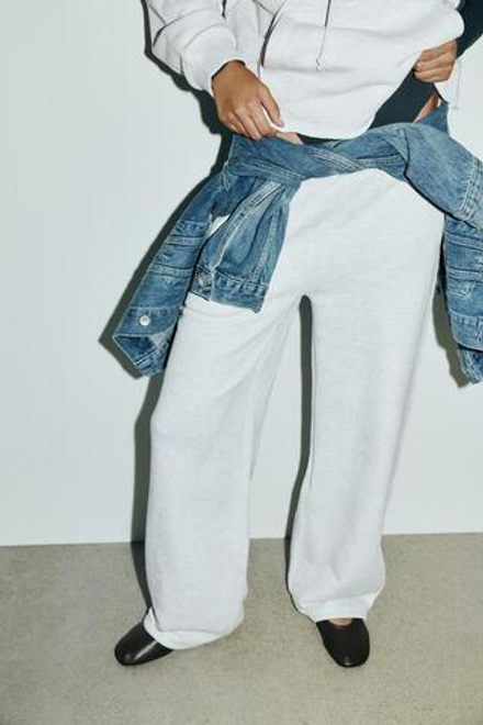 ZARA ПРЯМЫЕ ВЕЛЮРОВЫЕ БРЮКИ СО ШЛЕВКАМИ, СЕРЫЙ МЕЛАНЖ