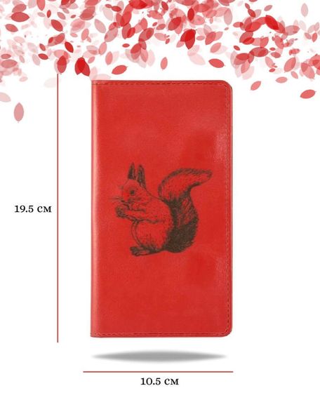 Фото функционального кошелька Белка из красной кожи хитрый лис Инфографика Размеры