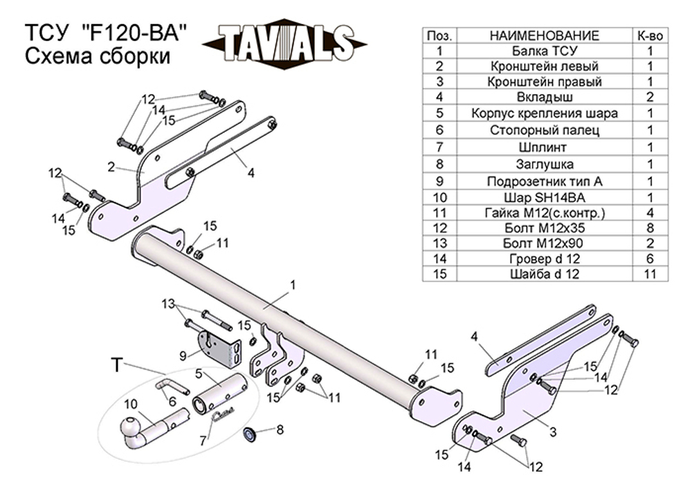 Фаркоп(прицепное) Tavials для FORD KUGA (внедорожник) 2013-... (С БЫСТРОСЪЕМНЫМ ШАРОМ)(паспорт и сертификат в комплекте)(без электрики)T-F120-BA
