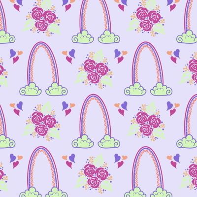 Паттерн цветы ,сердца и радуги на сиреневом